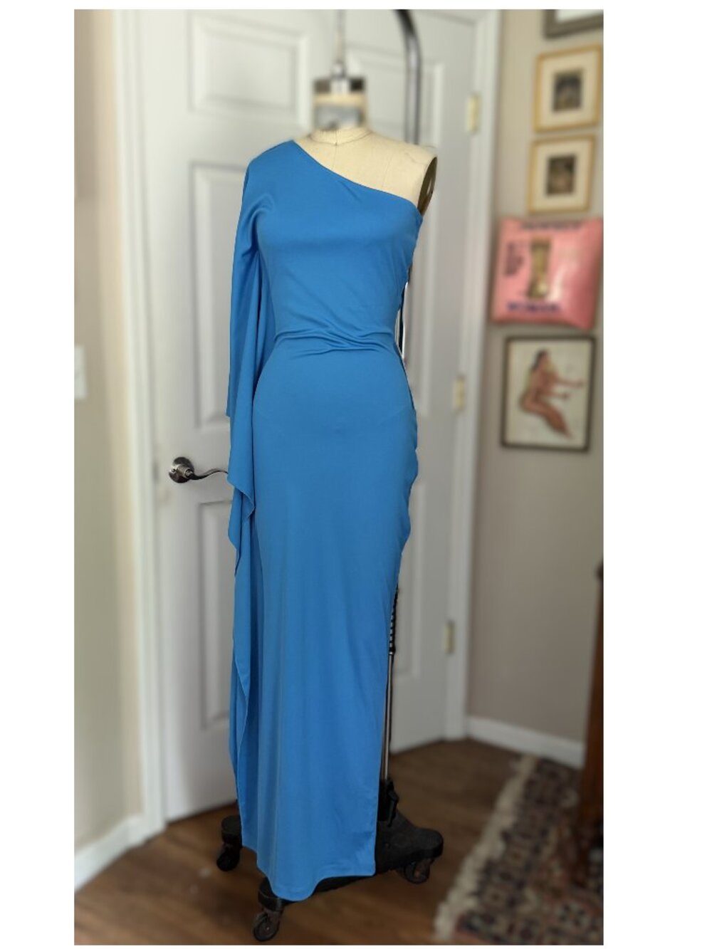 KOH KOH Sky Blue Cocktail Slinky Draped One-Shoulder Wiggle Maxi Dress *X-SMALL*